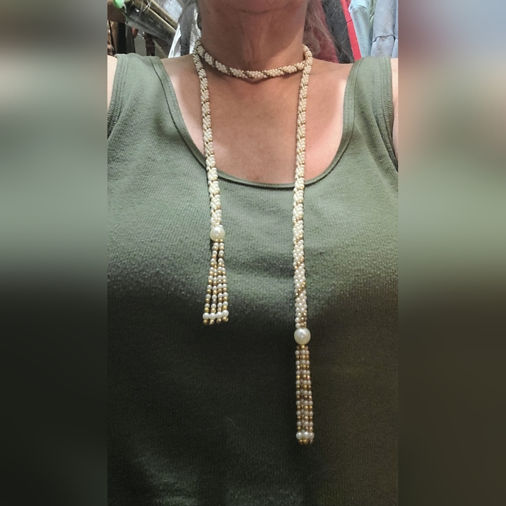 "3 for $25" Beaded Scarf Necklace A little pearl and gold.